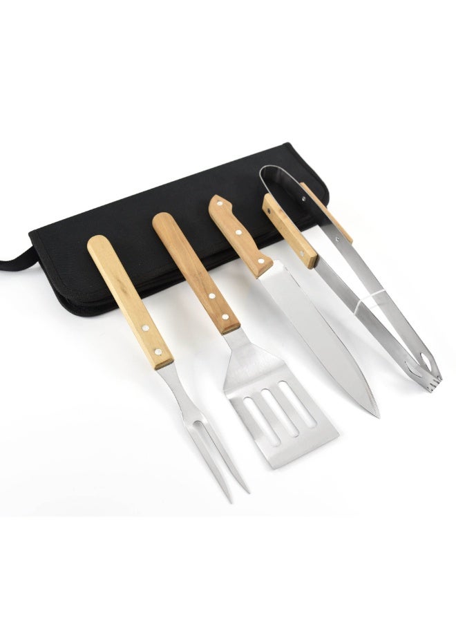 4-Piece Wooden Handle BBQ Tool Set – Stainless Steel Utensils with Classic Wood Grips & Black Carry Case, Essential Grilling Kit - Image 1